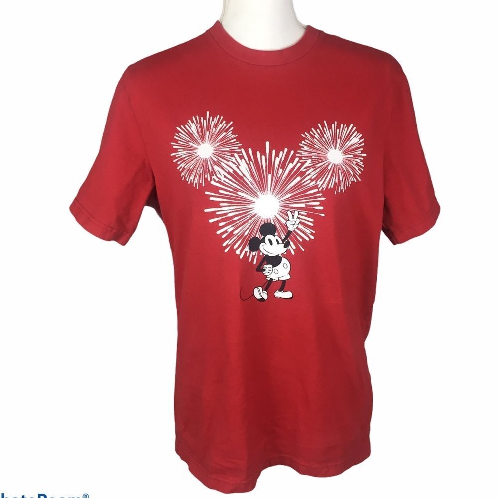 Disney Mickey Mouse Patriotic T-Shirt Fireworks Sz S Red Short Sleeve